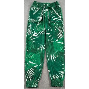 Miss8 Pants Women's Medium Green Jogger Tapered Leaf Print Aloha Beach Stretch